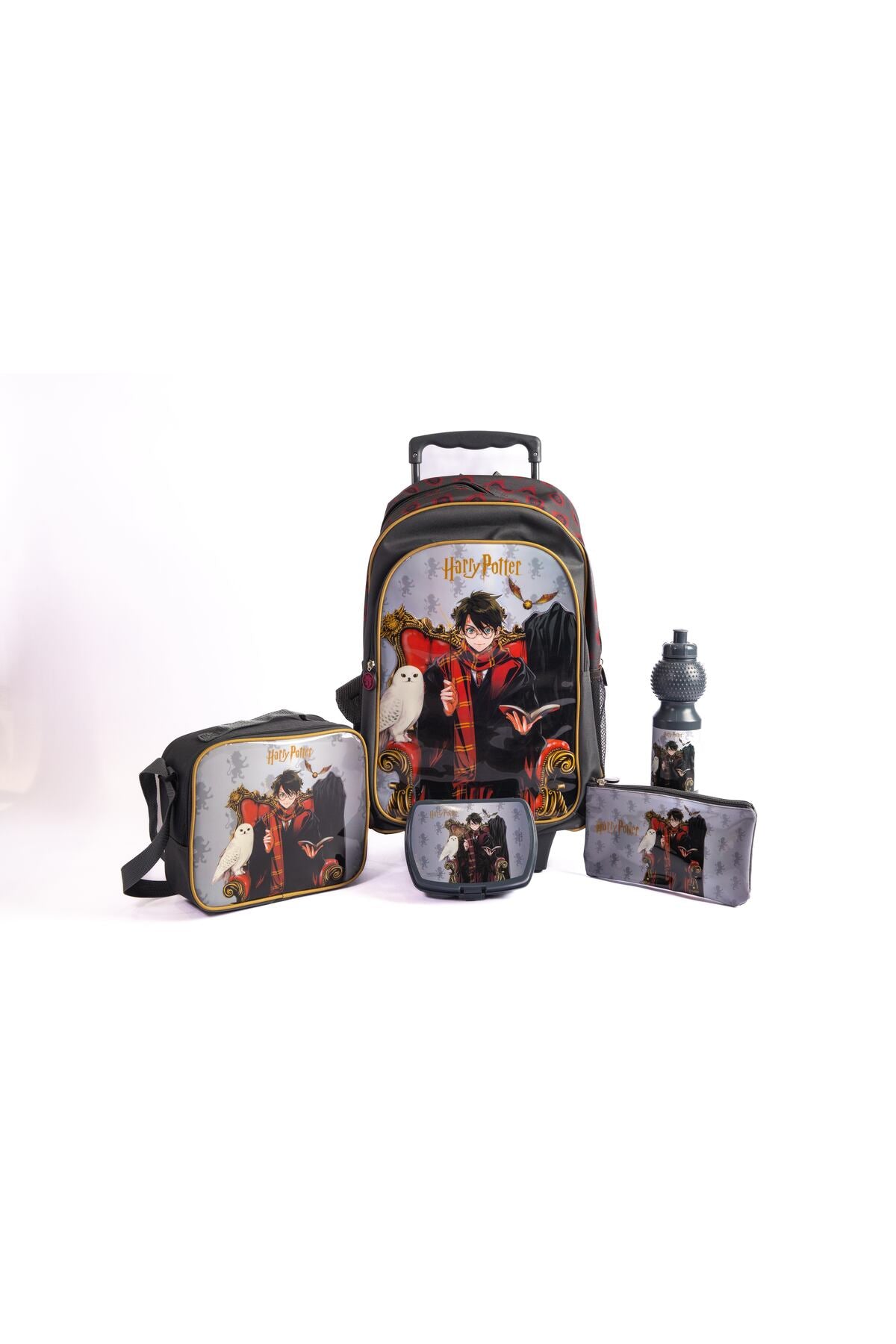 Harry Potter 18-Inch Trolley Bag Set With Lunch Bag, Pencil Case, Water Bottle & Lunch Box – Dark Grey