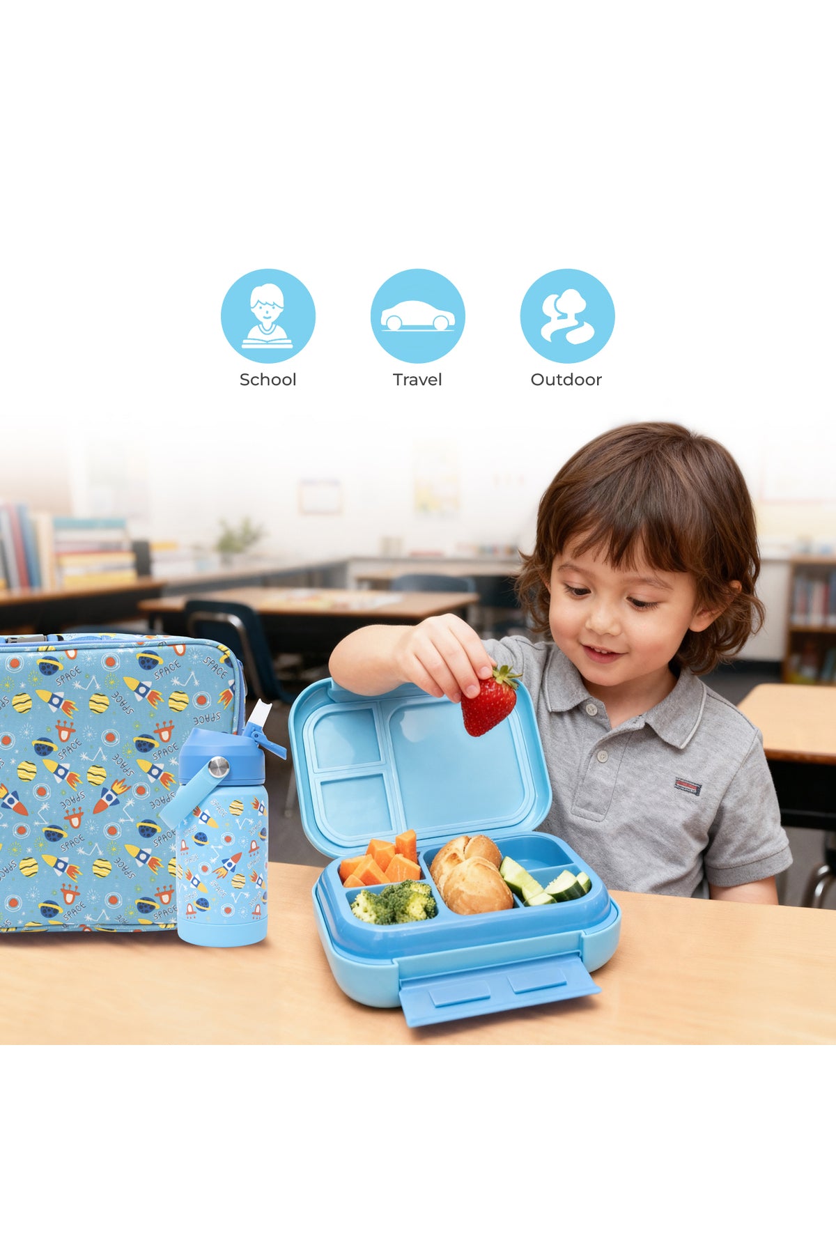 MOON Marmita Kids Lunch Box Set with Insulated Bottle & Bag – Leakproof, BPA-Free, Microwave & Dishwasher Safe – Rocket