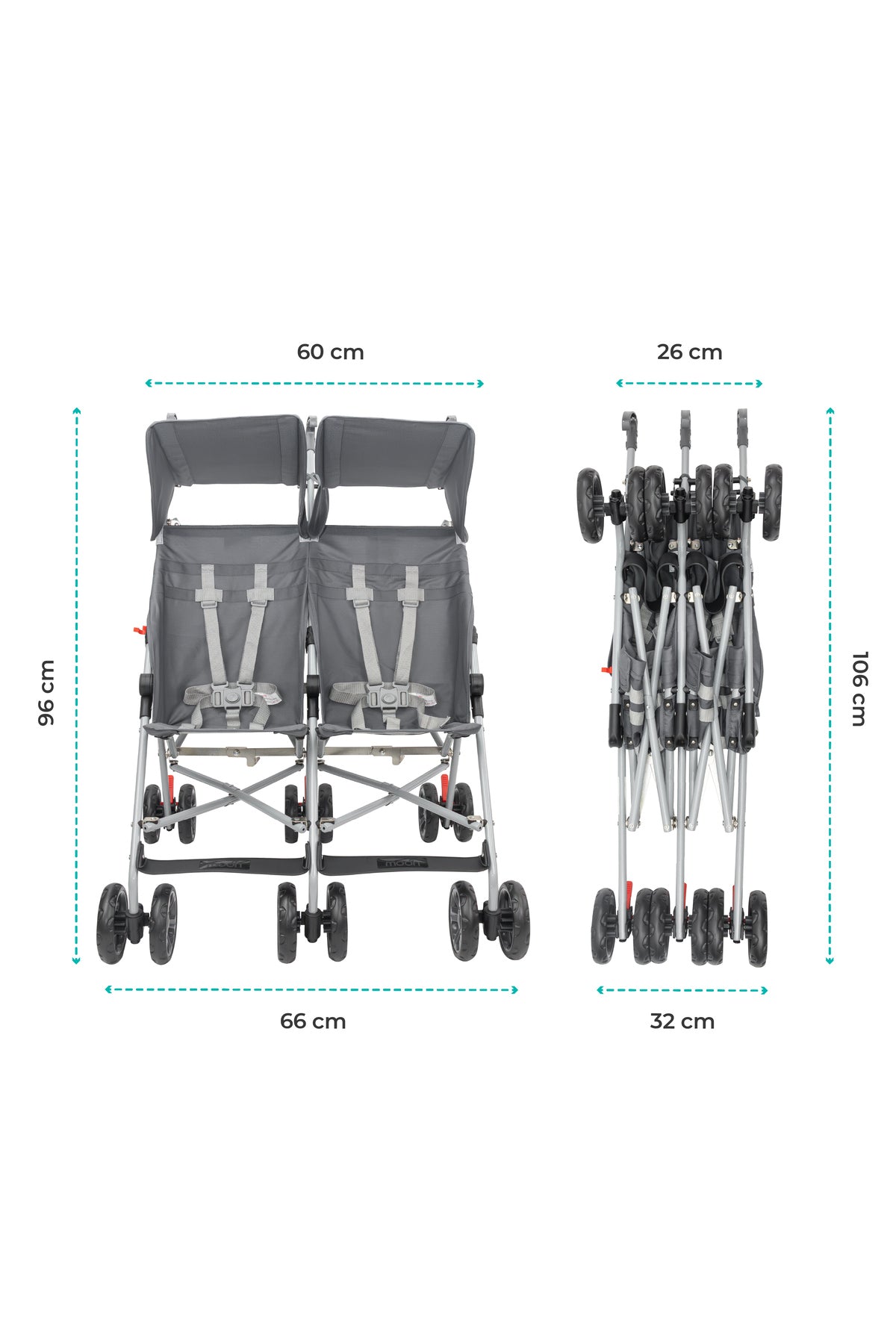 MOON  Jet Plus  Twin Buggy Lightweight Travel strollers- up to 30Kg,6m+ -Dark Grey