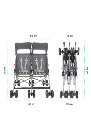 MOON  Jet Plus  Twin Buggy Lightweight Travel strollers- up to 30Kg,6m+ -Dark Grey