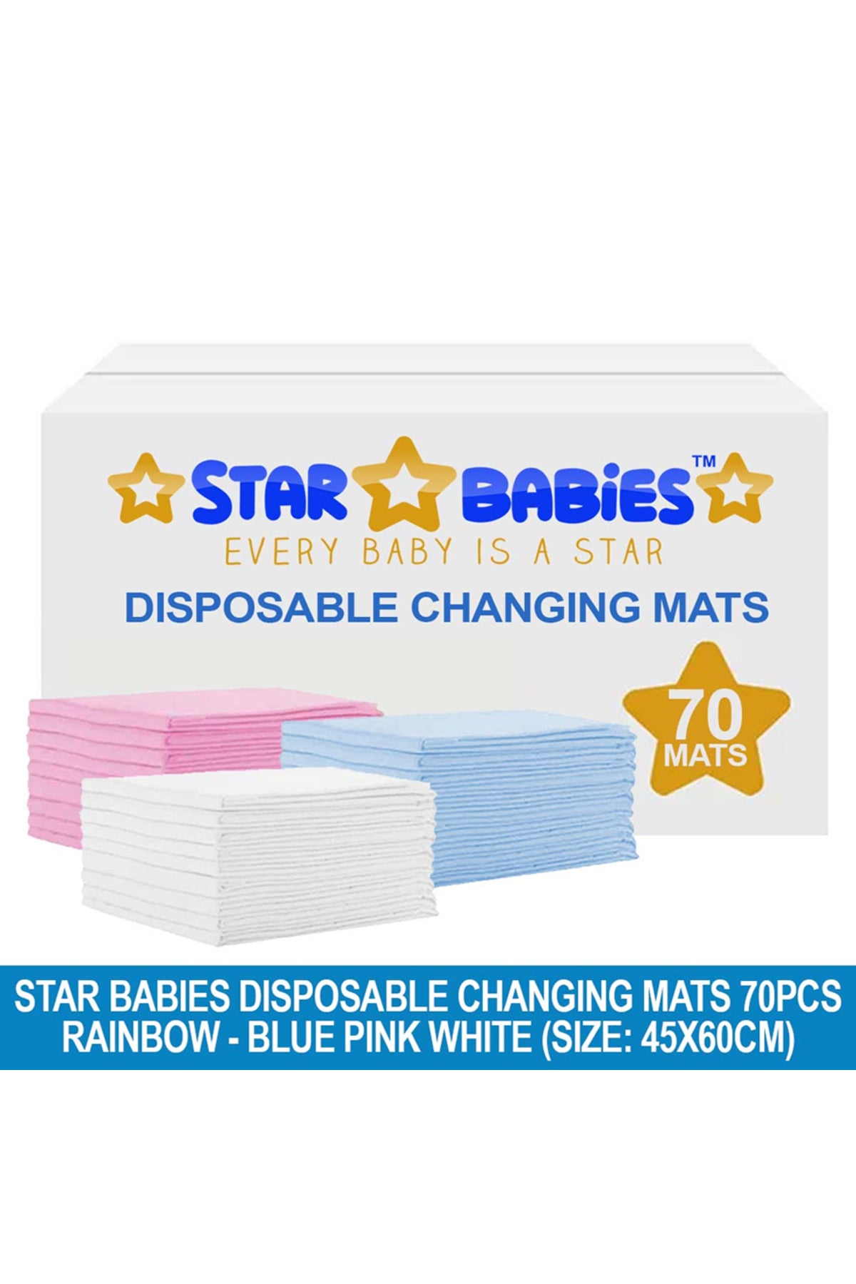 Star Babies Disposable Changing Mats - 45 x 60cm - Large Pack of 70 - Blue/Pink/White-Rainbow