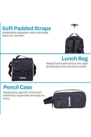 MOON Licensed One Piece 3 in 1 Kids Trolley Set   - (18-Inch) Premium Kids School Bag with Lunch Bag & Pencil Case-Black& Grey