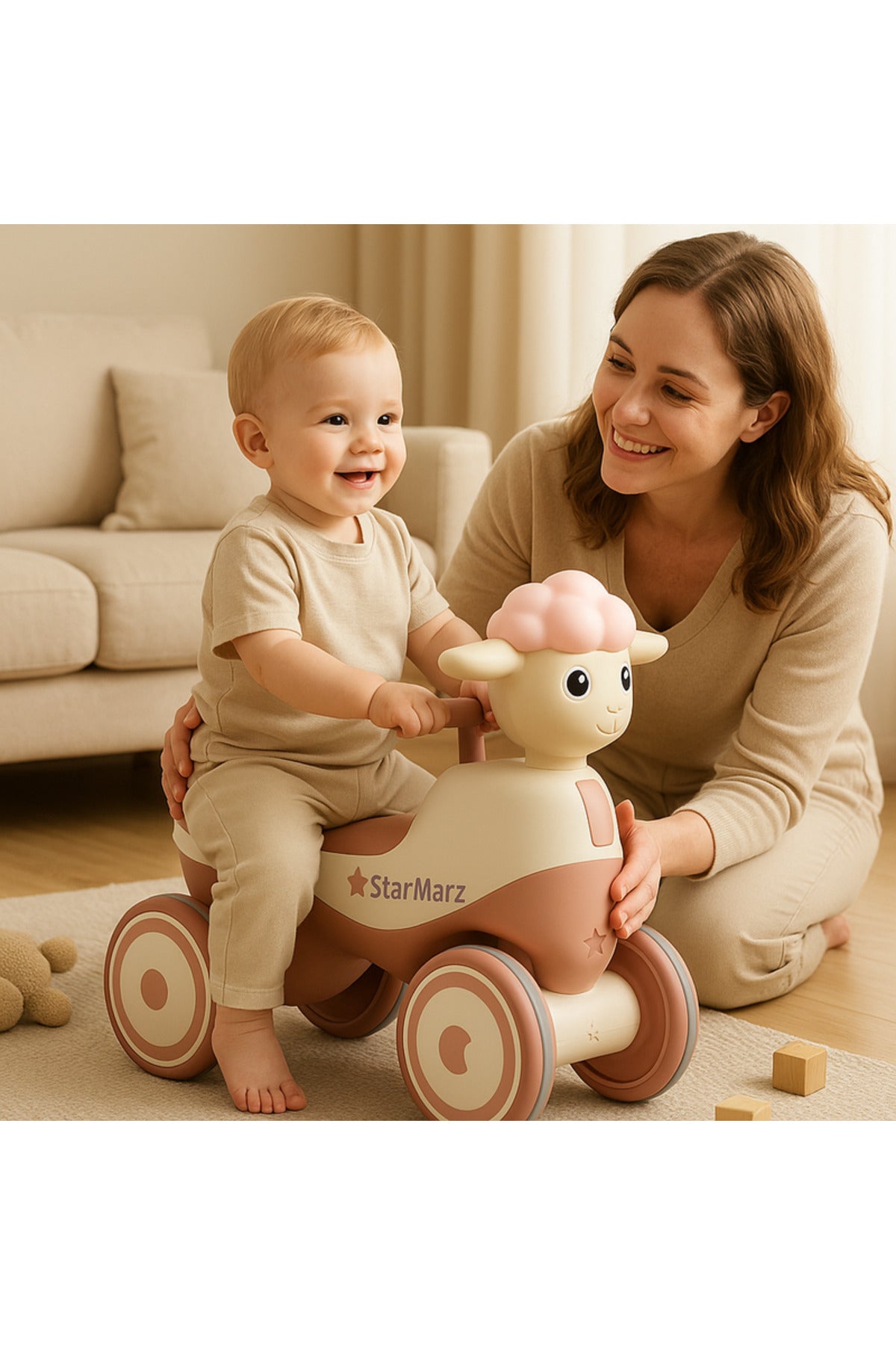 StarMarz Musical Animal Ride-On for Toddlers, Cute Sheep Design with Lights & Music, Smooth Wheels, Indoor Baby Ride-On Toy for Kids 1–4 Years - Pink