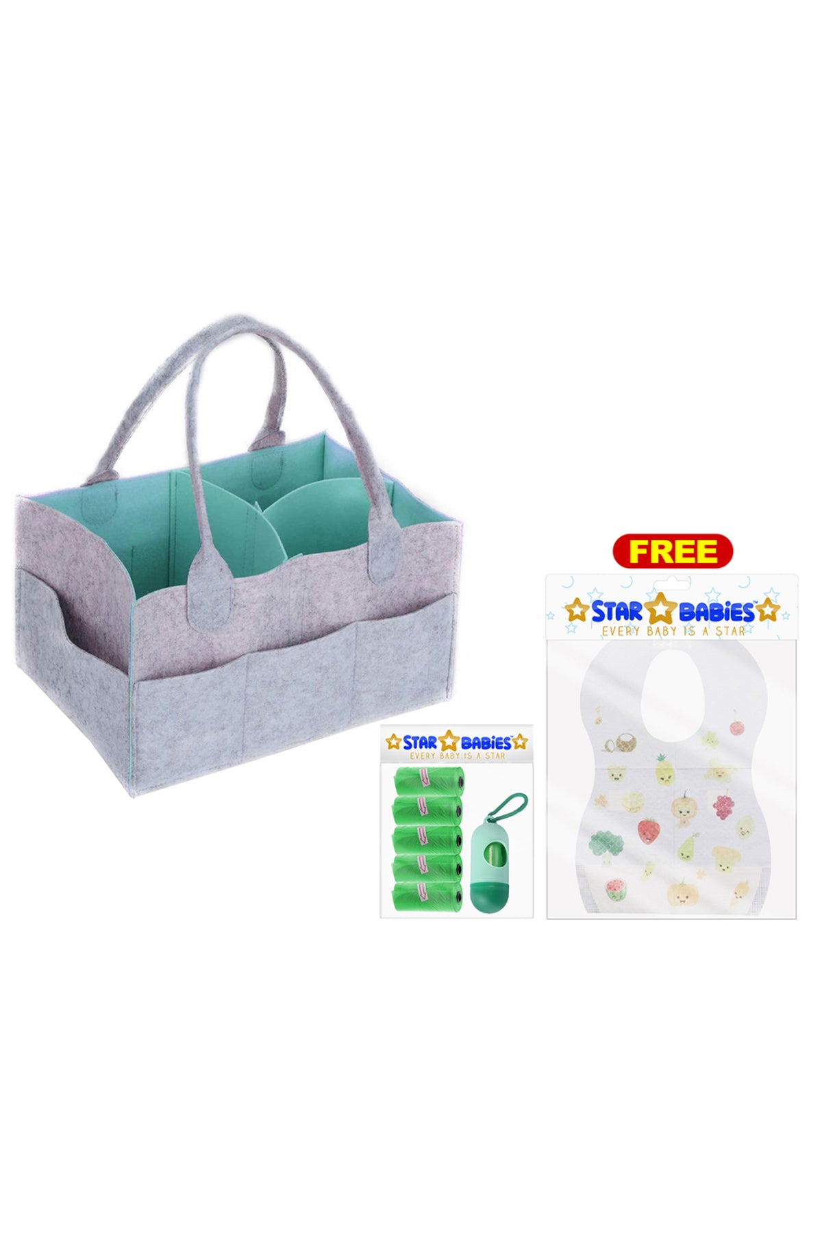 Star Babies - Diaper Caddy Organizer with Scented Bag Dispenser & Disposable Bibs - Grey