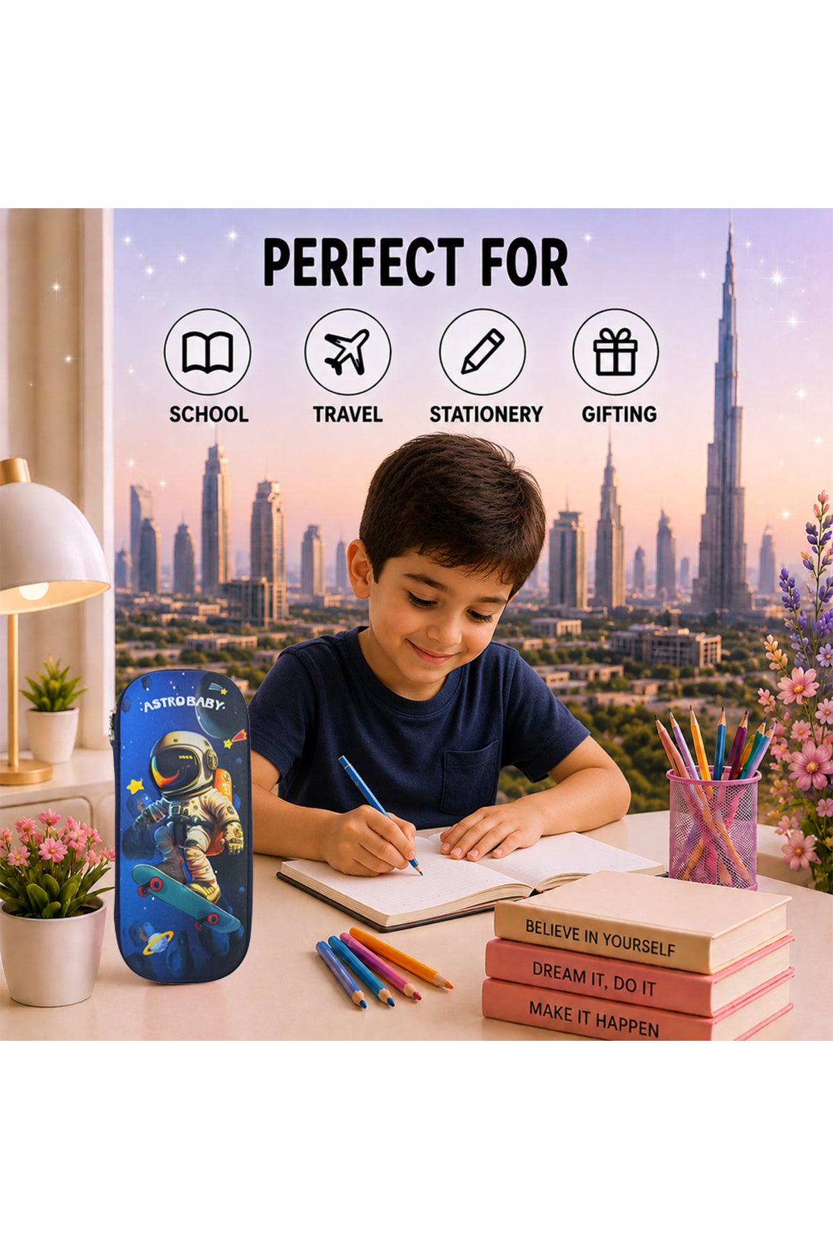 Cocobee-Stylish Astronaut Print Backpack, Adjustable Strap, Secure Zip, 14.9 Inches – Blue +  Pencil Case +   Ocean Tritan Water Bottle 480ml – BPA-Free + Bento Lunch Box 765ml