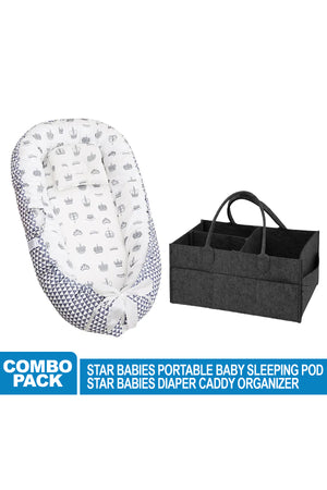 Star Babies - Baby Bed Sleeping Pod w/ Caddy Diaper Organizer - Black