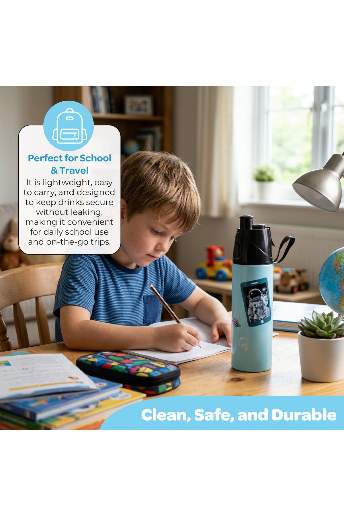 MOON Kids Water Bottle with Spray Mist | Cooling Spray | BPA-Free  Stainless Steel | Leak-Proof for School, Camping, Hiking, Outdoor Play | Boys Water Bottle |500ml