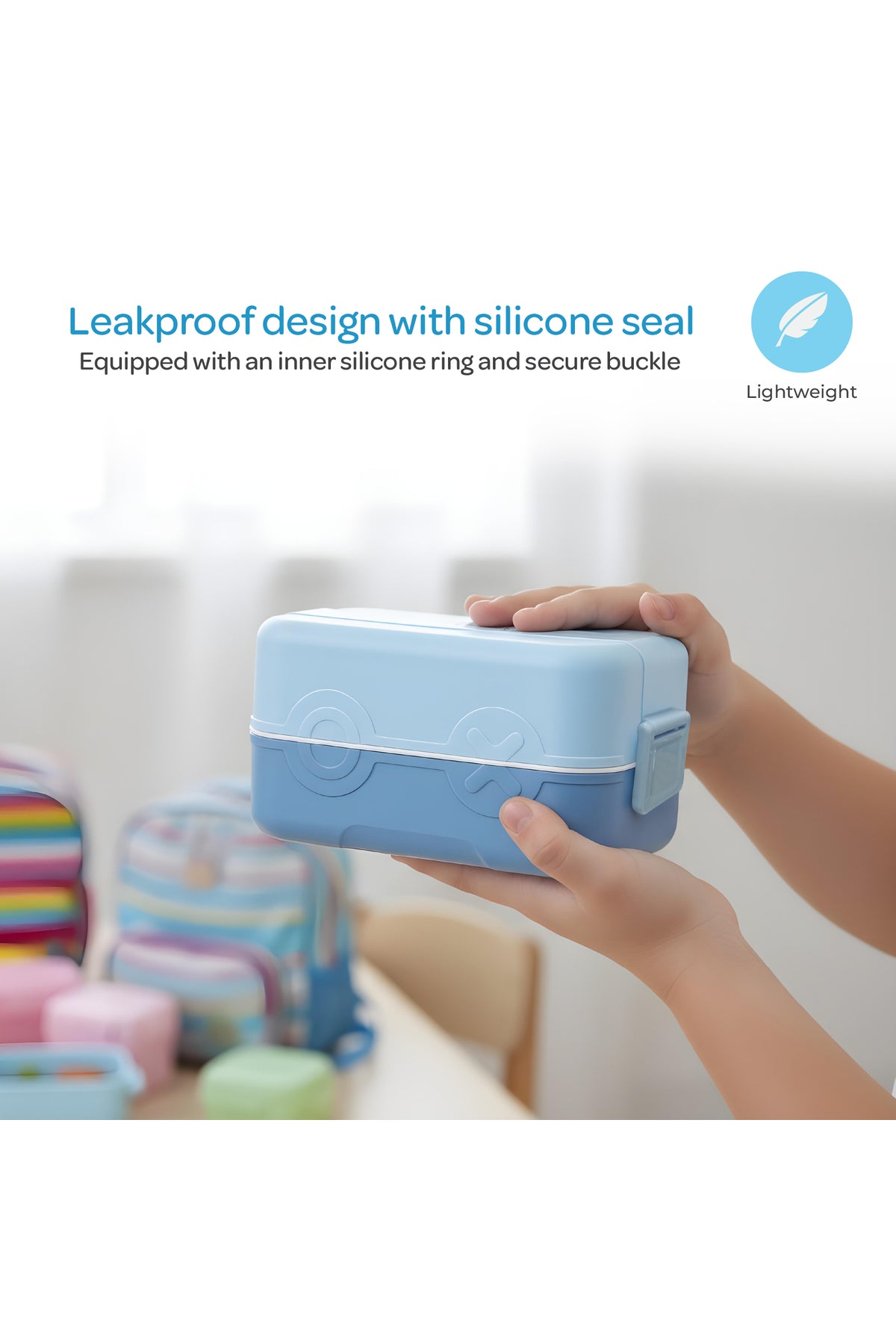 MOON Fiesta Kids Two-Tier Bento Lunch Box – BPA-Free, Leakproof, Stackable with Spoon & Seasoning Box – Blue