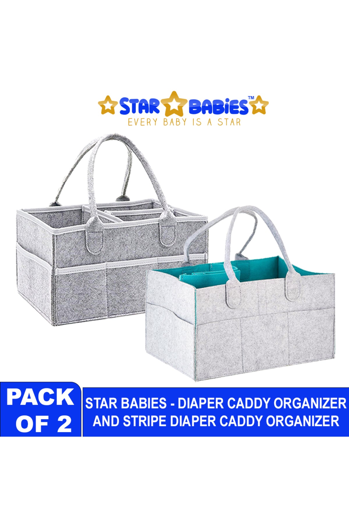 Star Babies - Baby Diaper Caddy Organizer - Pack of 2 - Grey/Grey Green
