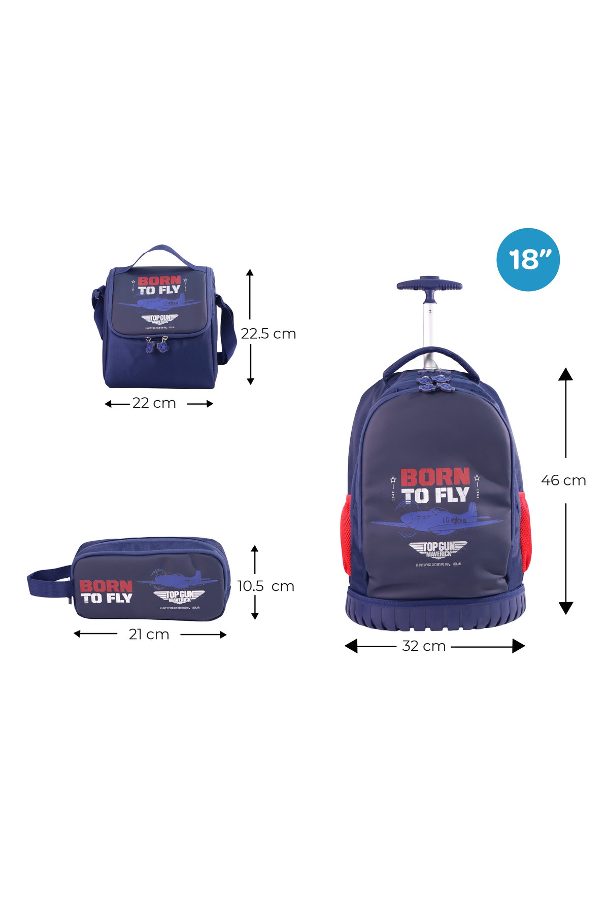 MOON Licensed Top Gun 3-in-1  Kids Trolley Set   - (18-Inch) Premium Kids School Bag with Lunch Bag & Pencil Case-Blue