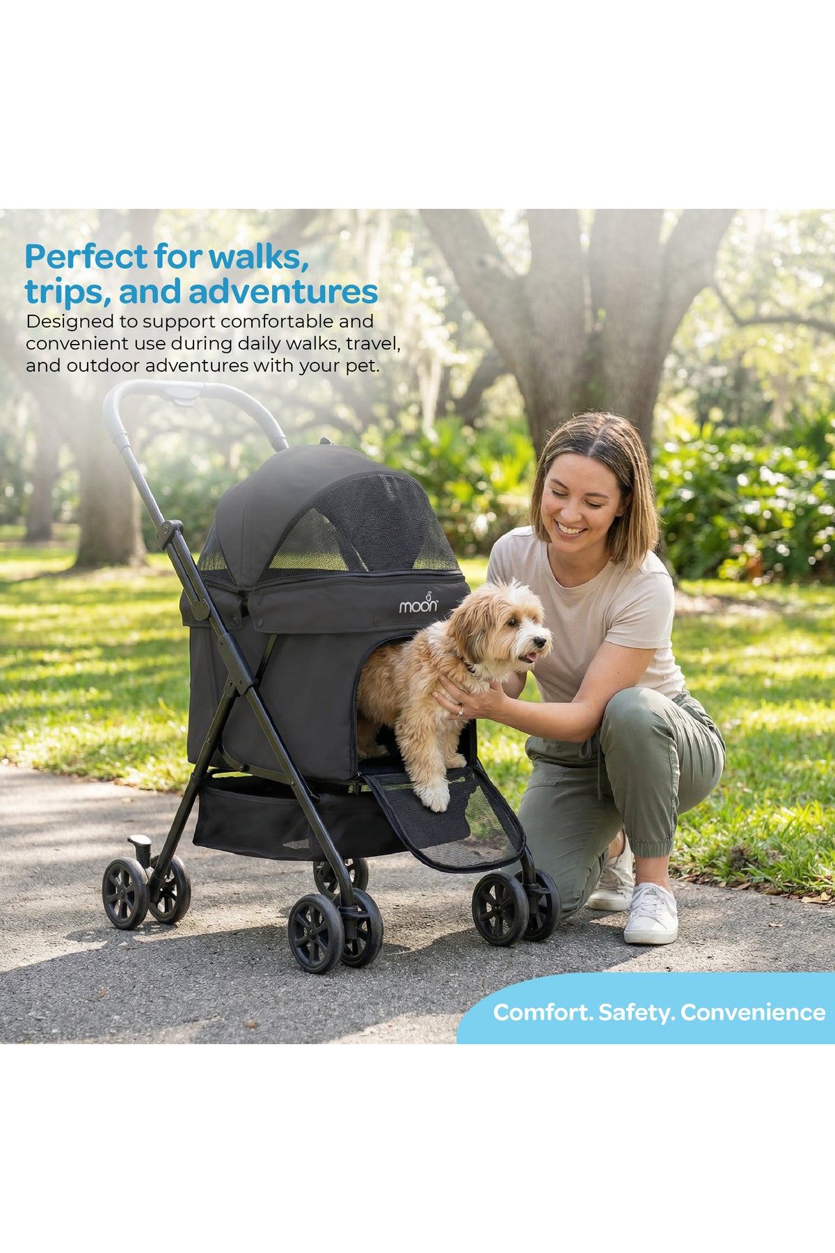 Moon  PawPerch Pet Stroller  Lightweight Foldable | Storage Basket & Waterproof Pad-Grey