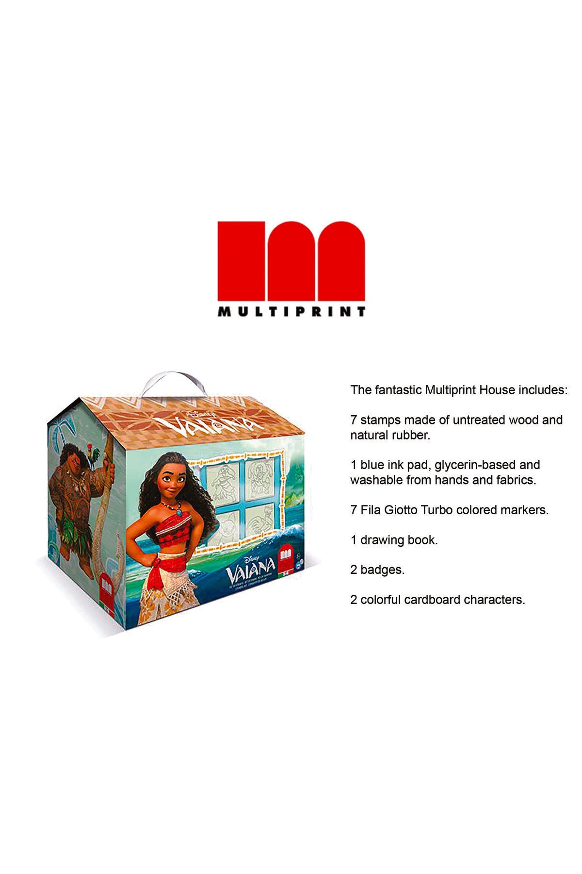 Multiprint Moana House – Creative Stamping & Coloring Set for Kids – Includes 7 Wooden Stamps, Washable Ink, 7 Markers, Drawing Book & More – Made in Italy