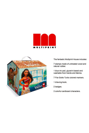 Multiprint Moana House – Creative Stamping & Coloring Set for Kids – Includes 7 Wooden Stamps, Washable Ink, 7 Markers, Drawing Book & More – Made in Italy