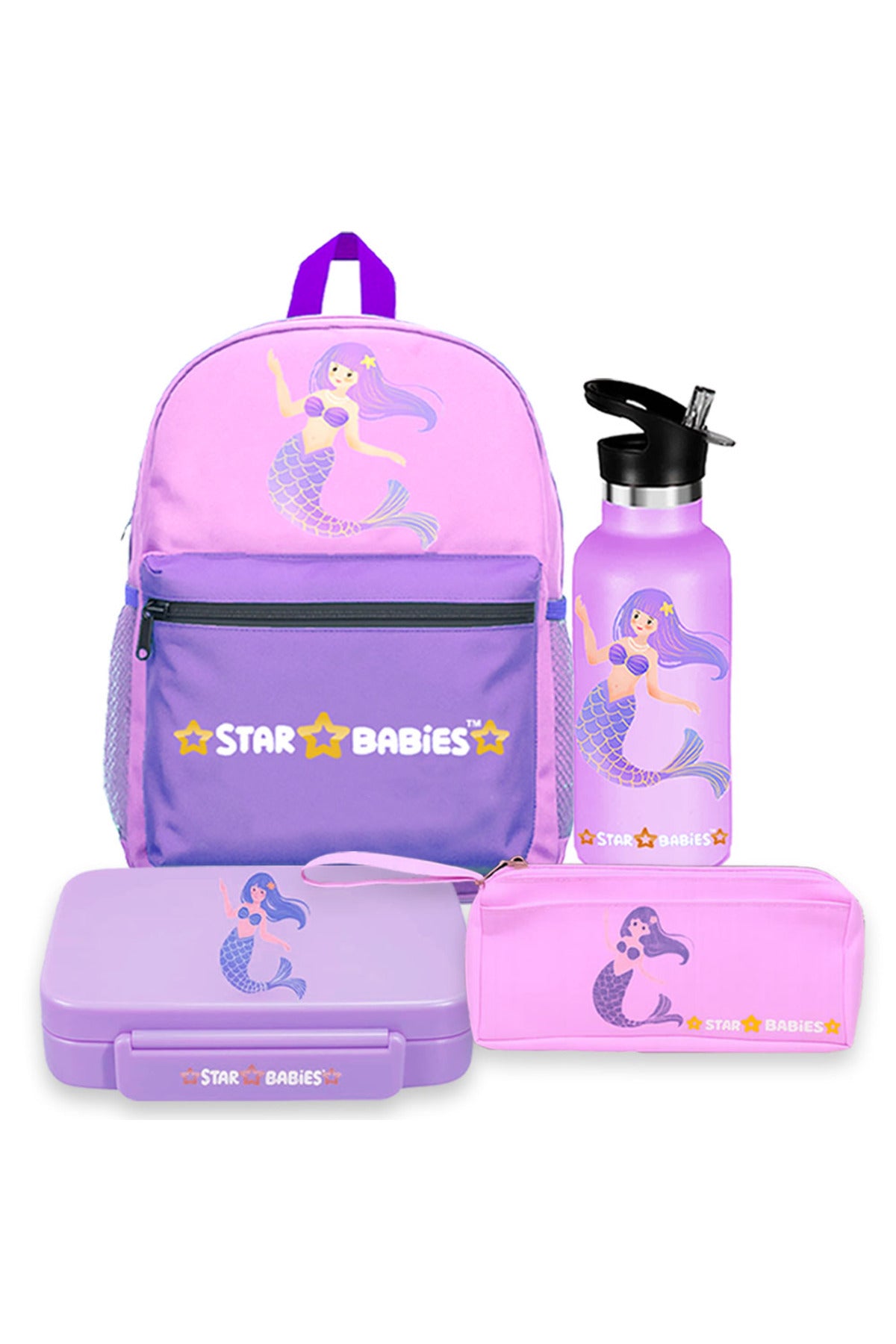 Star Babies 16-Inch Mermaid Themed Children's Backpack with 5 compartment Bento lunch box , Stainless steel water bottle and Dual Zipper Pencil Case