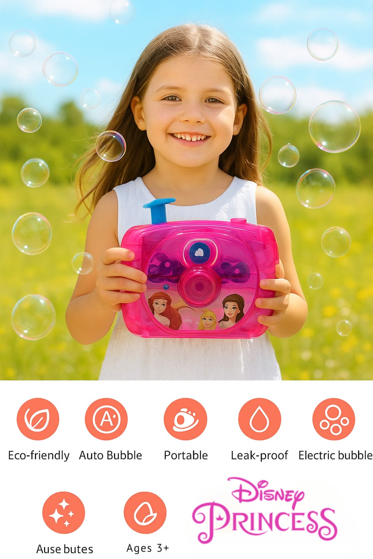 Disney Princess Bubble Machine with Bubble Solution – Outdoor Toy for Kids- Multicolor
