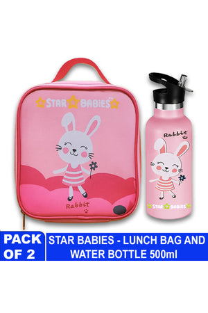 Star Babies Cute Rabbit Themed Bento Lunch Bag , Toddler-Friendly, 3 Years+, Easy to clean -with 500ml Stainless Steel Water bottle