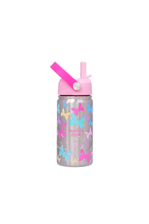 Bamboo Bark Insulated Water Bottle for Kids, 400ml Stainless Steel with Straw Lid, BPA Free Leak Proof School Water Bottle for Girls & Daily Use (Butterfly Print)