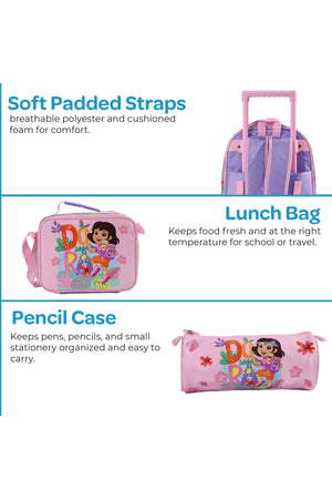 MOON Licensed Dora the Explorer  3 in 1 Kids Trolley Set   - (16-Inch) Premium Kids School Bag with Lunch Bag & Pencil Case-Pink
