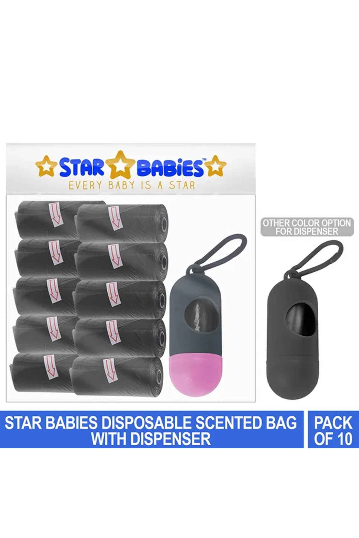Star Babies - Scented Nappy Bag Pack of 10/150 Bags Black & Assorted Dispenser