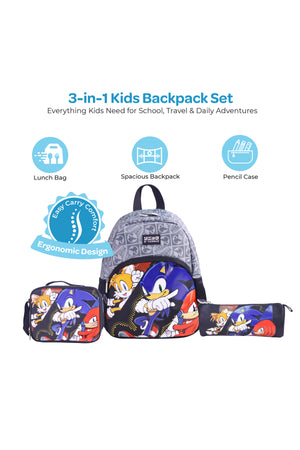 MOON Licensed SONIC  the Hedgehog 3 in 1 Kids Backpack Set  - (13-Inch) Premium Kids School Bag with Lunch Bag & Pencil Case-Black