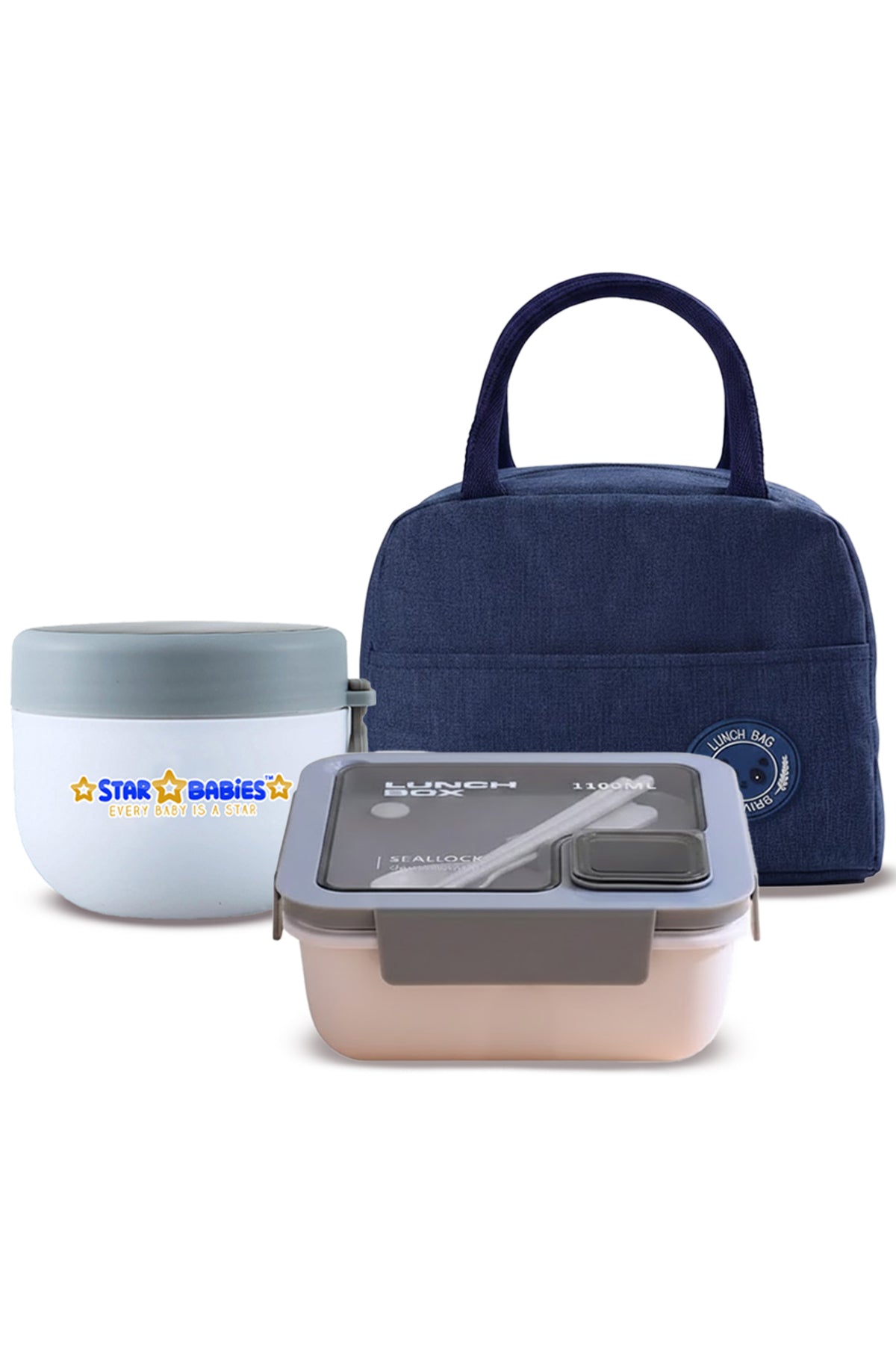 Star Babies 3-in-1 School Lunch Combo – Insulated Lunch Bag, Leak-Proof Bento Lunch Box, and  Stainless Steel Mini Food Jar Set for Kids, Toddlers & School