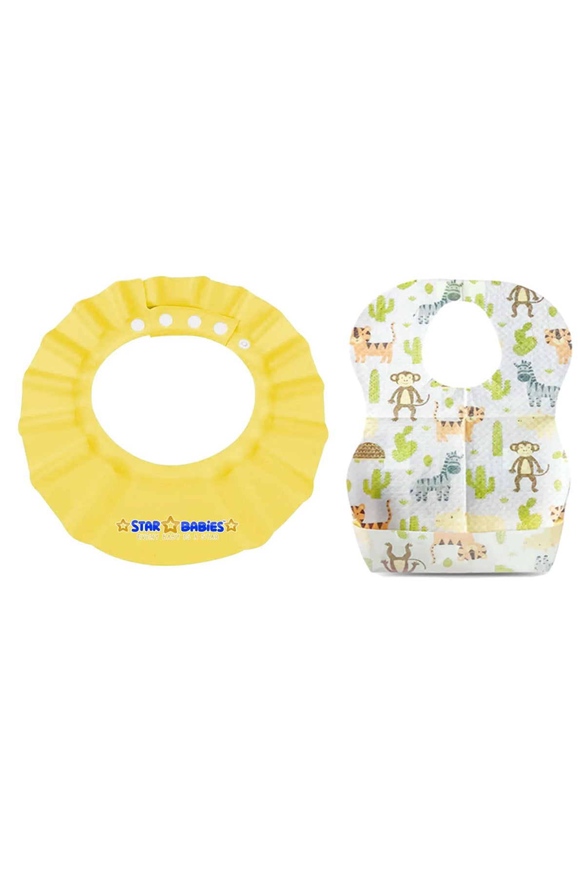 Star Babies - Combo Pack Of 2- Adjustable Shower Cap With Disposable Bibs (20 Pcs) - Yellow