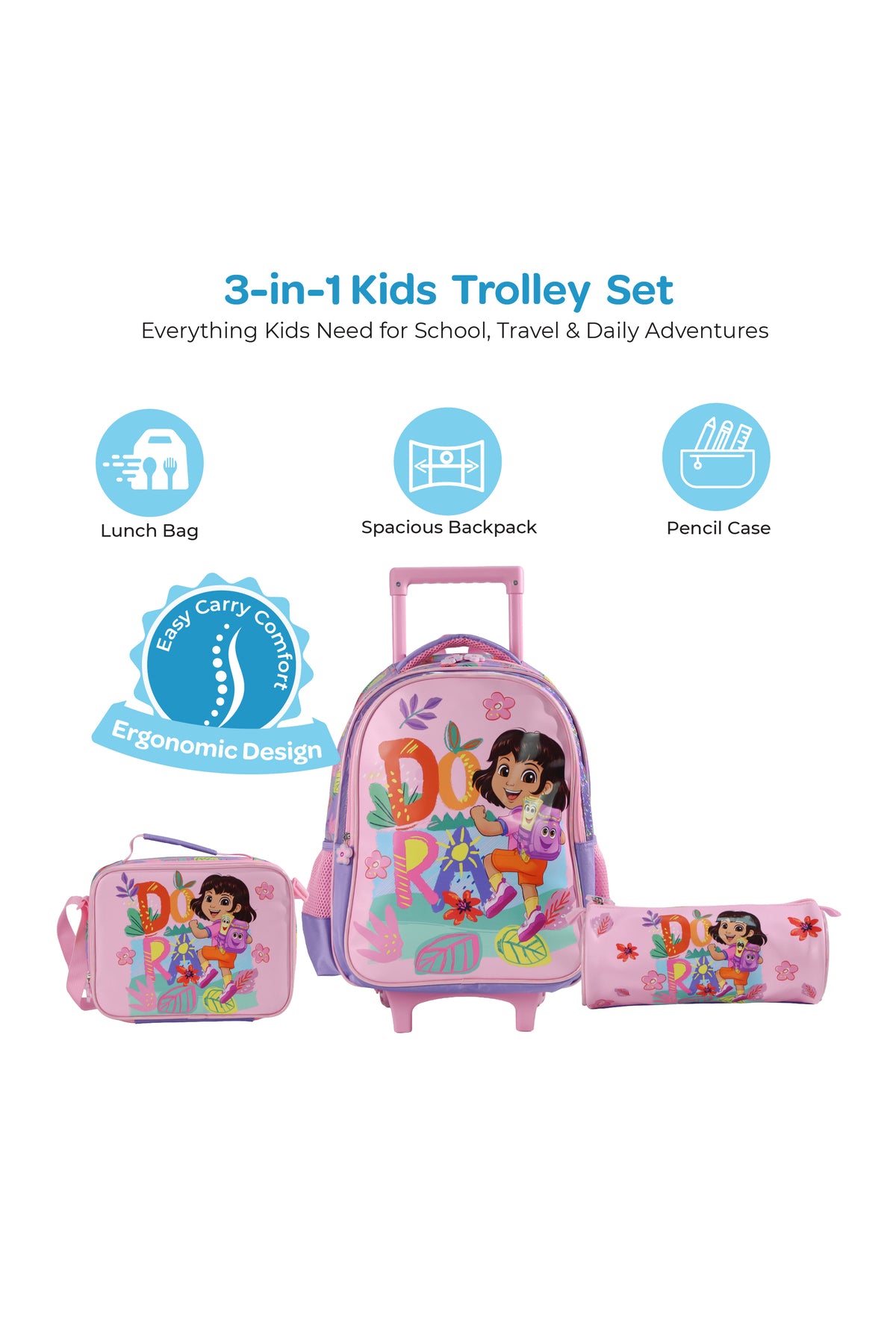 MOON Licensed Dora the Explorer  3 in 1 Kids Trolley Set   - (16-Inch) Premium Kids School Bag with Lunch Bag & Pencil Case-Pink