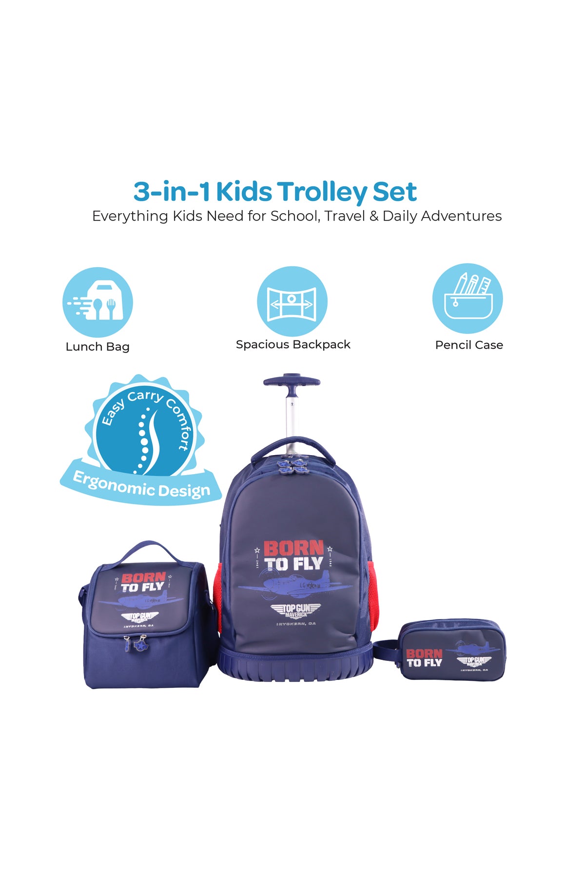 MOON Licensed Top Gun 3-in-1  Kids Trolley Set   - (18-Inch) Premium Kids School Bag with Lunch Bag & Pencil Case-Blue