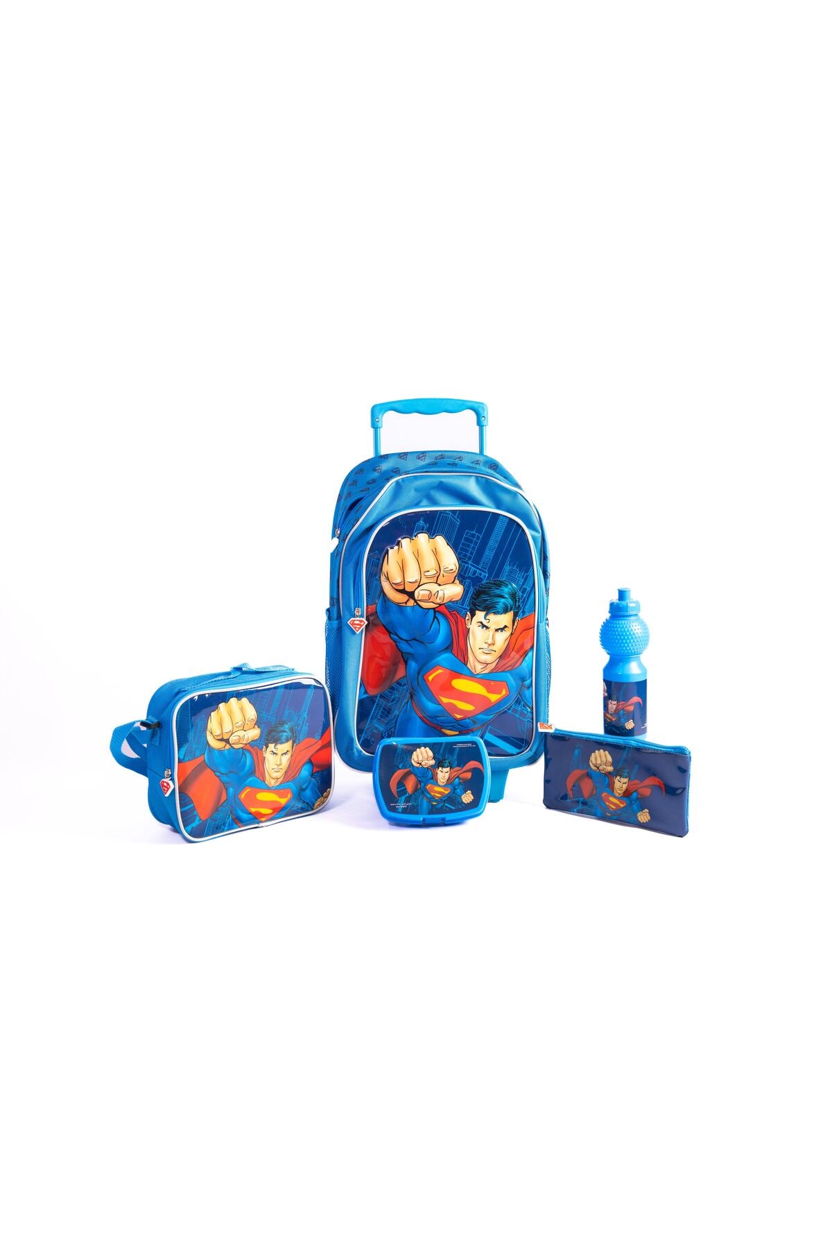 Superman 18" Trolley Bag Set – Includes Lunch Bag, Pencil Case, Water Bottle & Lunch Box – Blue