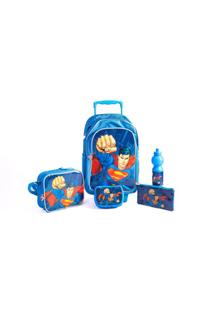 Superman 18" Trolley Bag Set – Includes Lunch Bag, Pencil Case, Water Bottle & Lunch Box – Blue