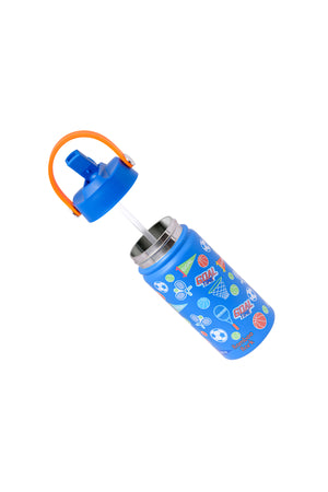 Bamboo Bark Insulated Water Bottle for Kids, 400ml Stainless Steel with Straw Lid, BPA Free Leak Proof School Water Bottle for Boys and Girls, Travel & Outdoor Use (Sports Print)
