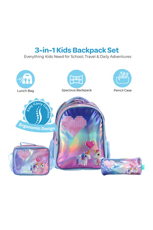 MOON Unicorn Backpack Set for Girls 3 in 1 – 16 Inch Premium Kids School Bag with Lunch Bag & Pencil Case-Pink &Blue