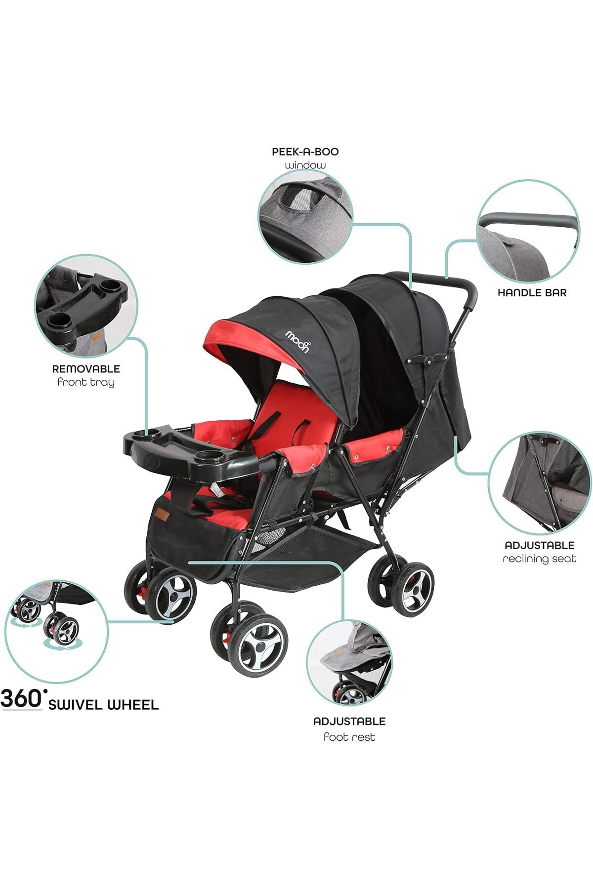 MOON Magnum Tandem Easy Fold Twin Travel Stroller,Fire Red