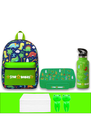 Star Babies 16-Inch Jungle Green Themed Children's Backpack with Adjustable Shoulder Strap for Hiking Large with 500 ml Stainless Steel Water Bottle and Bento Lunch Box with 4 Compartments, Leak-Proof, Toddler-Friendly, 3 Years+, Pack of 3