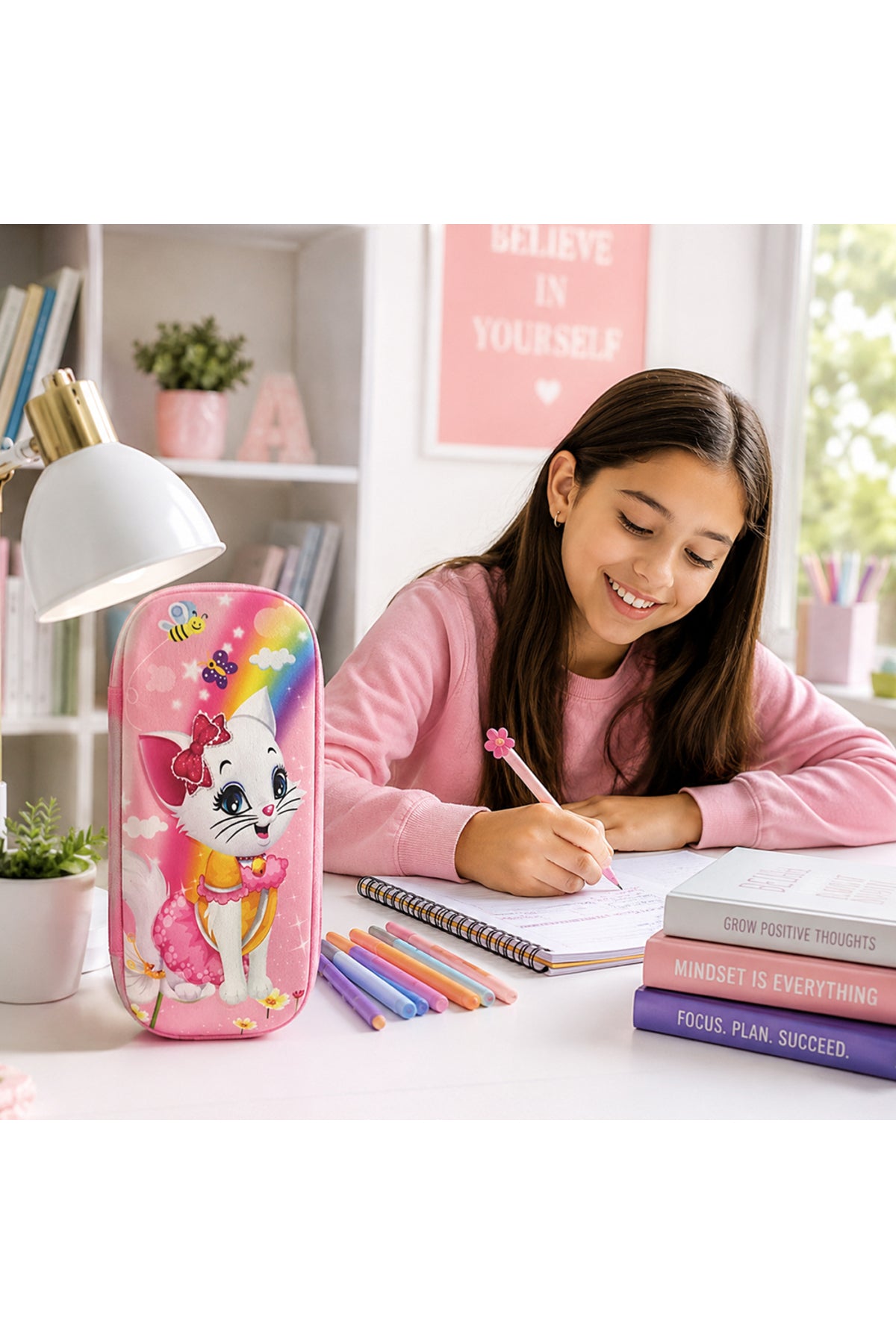 Cocobee Backpack with Adjustable Straps, Zipper Closure & Side Bottle Pocket – Pink, 15 Inches, 5 Years + Pencil Case for Girls