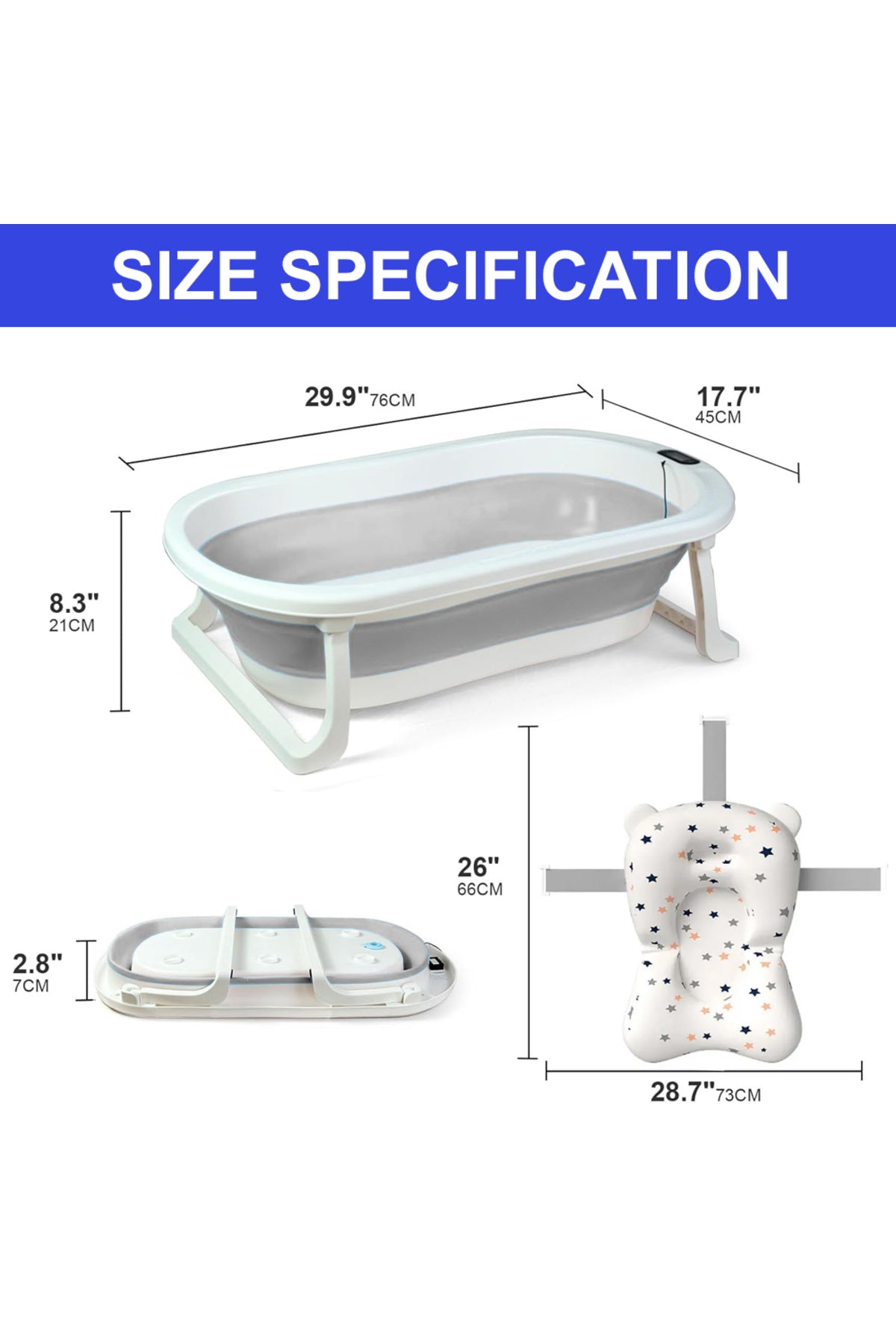 Star Babies - Baby Foldable Bathtub With Thermometer & Bathmat Set - Grey