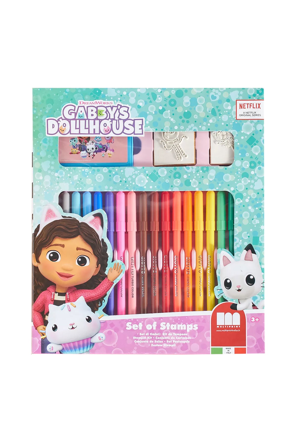 Gabby’s Dollhouse Felt Tip Pen Set – 18 Colour Felt Pens with 2 Stamps & 1 Ink Pad | Kids Creative Art & Craft Stationery Set