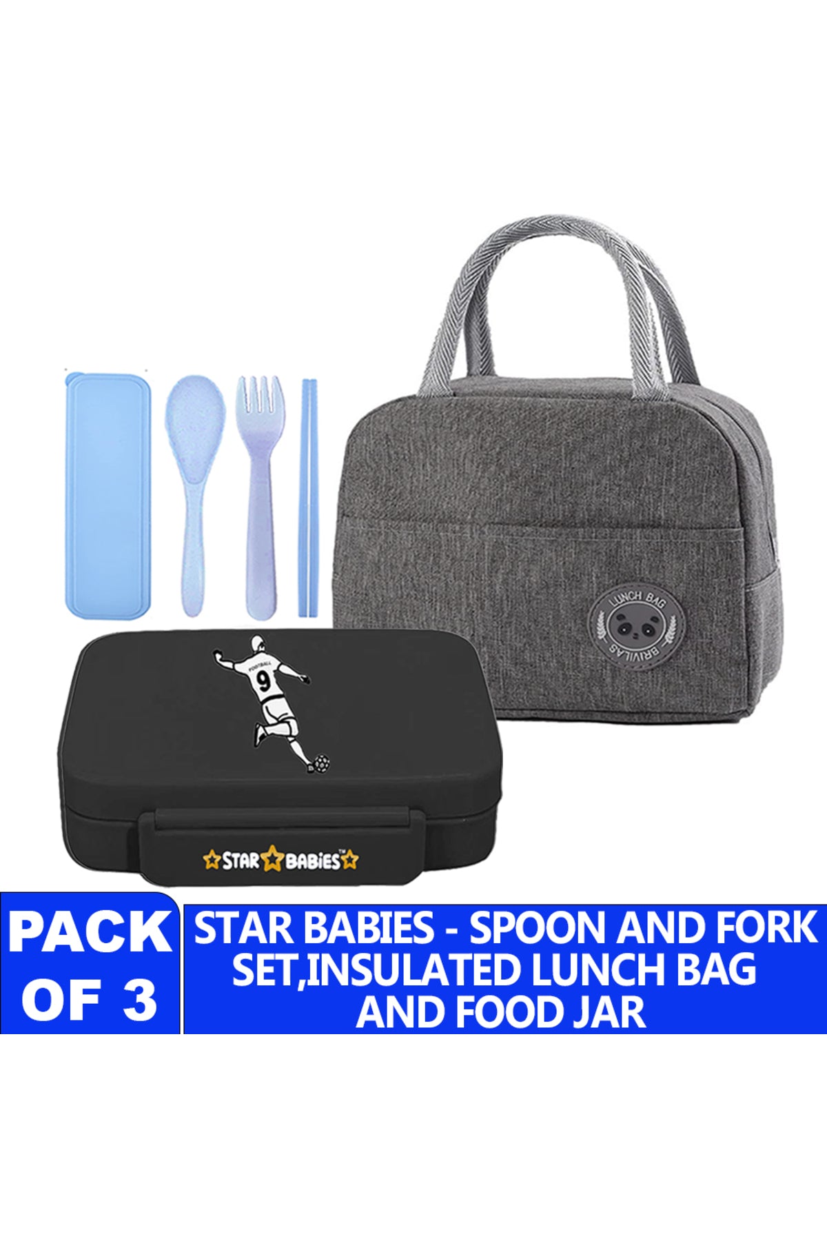 Star Babies Insulated Mini Lunch Bag with 5 Compartment Lunch Box and Fork-Spoon Set- Gray