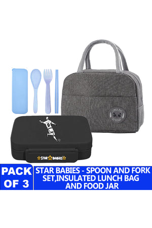 Star Babies Insulated Mini Lunch Bag with 5 Compartment Lunch Box and Fork-Spoon Set- Gray