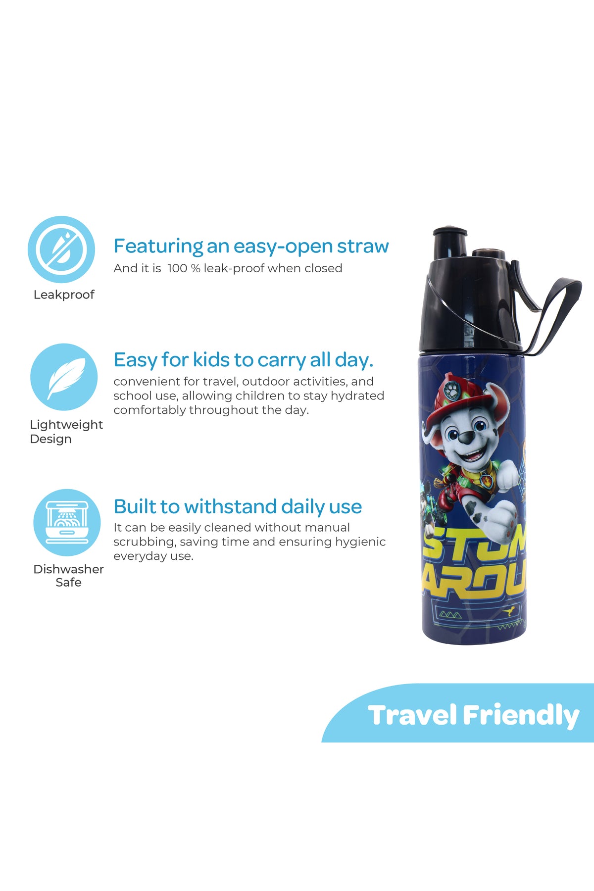 MOON Licensed Paw Petrol Kids Water Bottle with Mist Spray Nozzle Stainless Steel Bottle for Boys & Girls | School, Outdoor, Camping, Hiking | Spill-Proof Carry Loop | Ideal for Summers and Winters