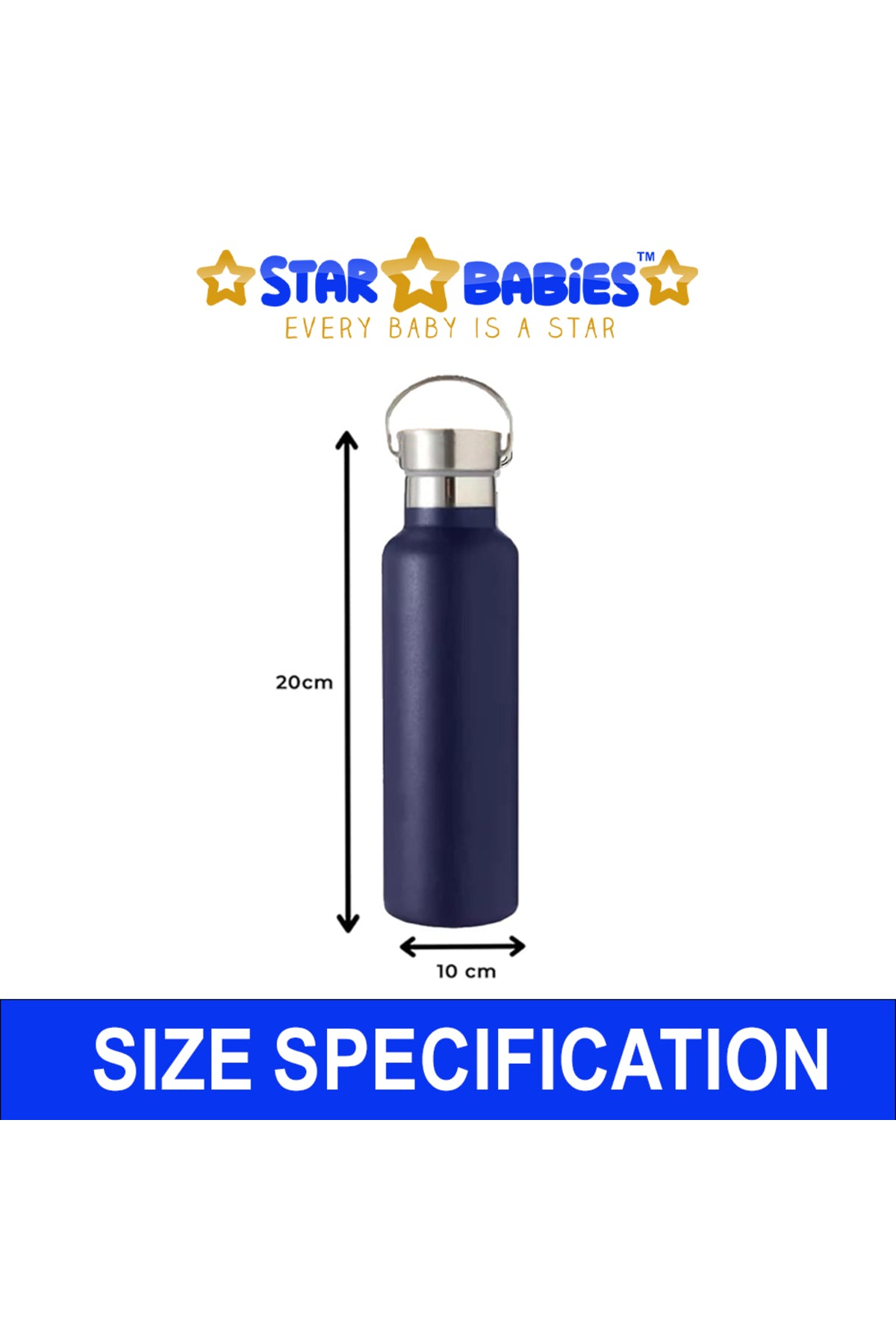 Star Babies Double Walled Stainless Steel Vacuum Insulated Sports Water Bottle with Portable Stainless Lid 600ml - Navy Blue