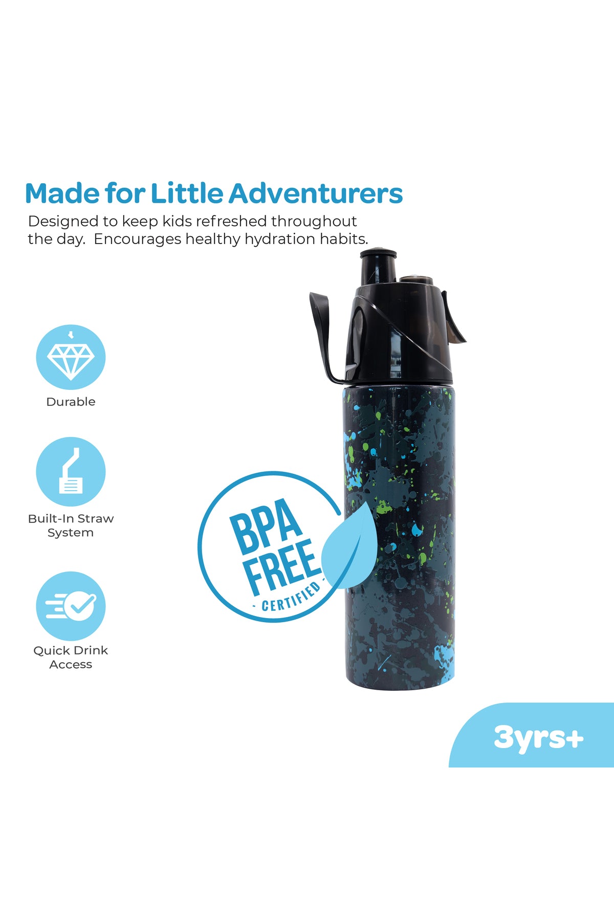 MOON Kids Water Bottle with Spray Mist | Cooling Spray | BPA-Free  Stainless Steel | Leak-Proof for School, Camping, Hiking, Outdoor Play | Boys Water Bottle |500ml