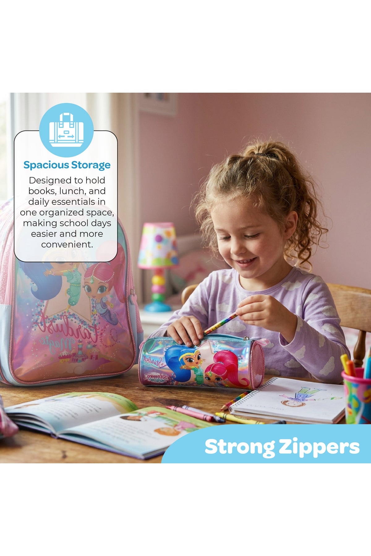 MOON Licensed  SHIMMER & SHINE  3 in 1 Kids Backpack Set  - (16-Inch) Premium Kids School Bag with Lunch Bag & Pencil Case-Pink&Blue