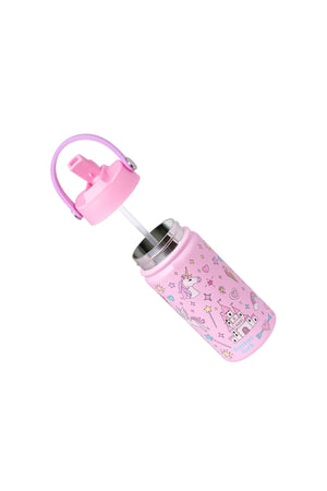 Bamboo Bark Insulated Water Bottle for Kids, 400ml Stainless Steel with Straw Lid, BPA Free Leak Proof School Water Bottle for Girls & Daily Use (Unicorn Print)