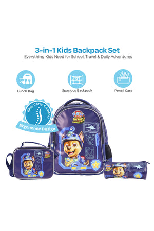 MOON Licensed PAW PATROL 3 in 1 Backpack Set- (16-Inch) Premium Kids School Bag with Lunch Bag & Pencil Case-Blue