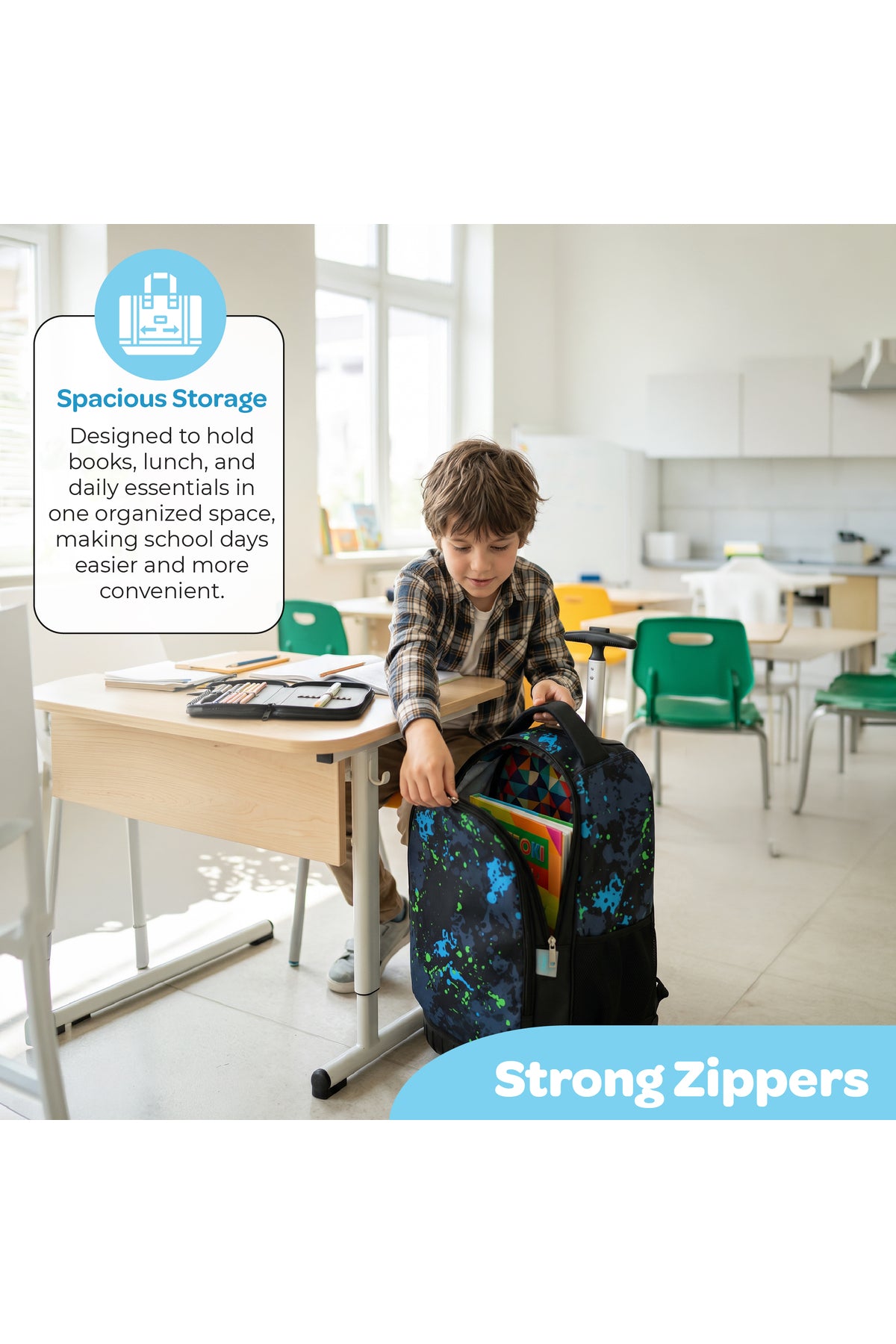 MOON  3 in 1 Kids Trolley Set   - (18-Inch) Premium Kids School Bag with Lunch Bag & Pencil Case-Black