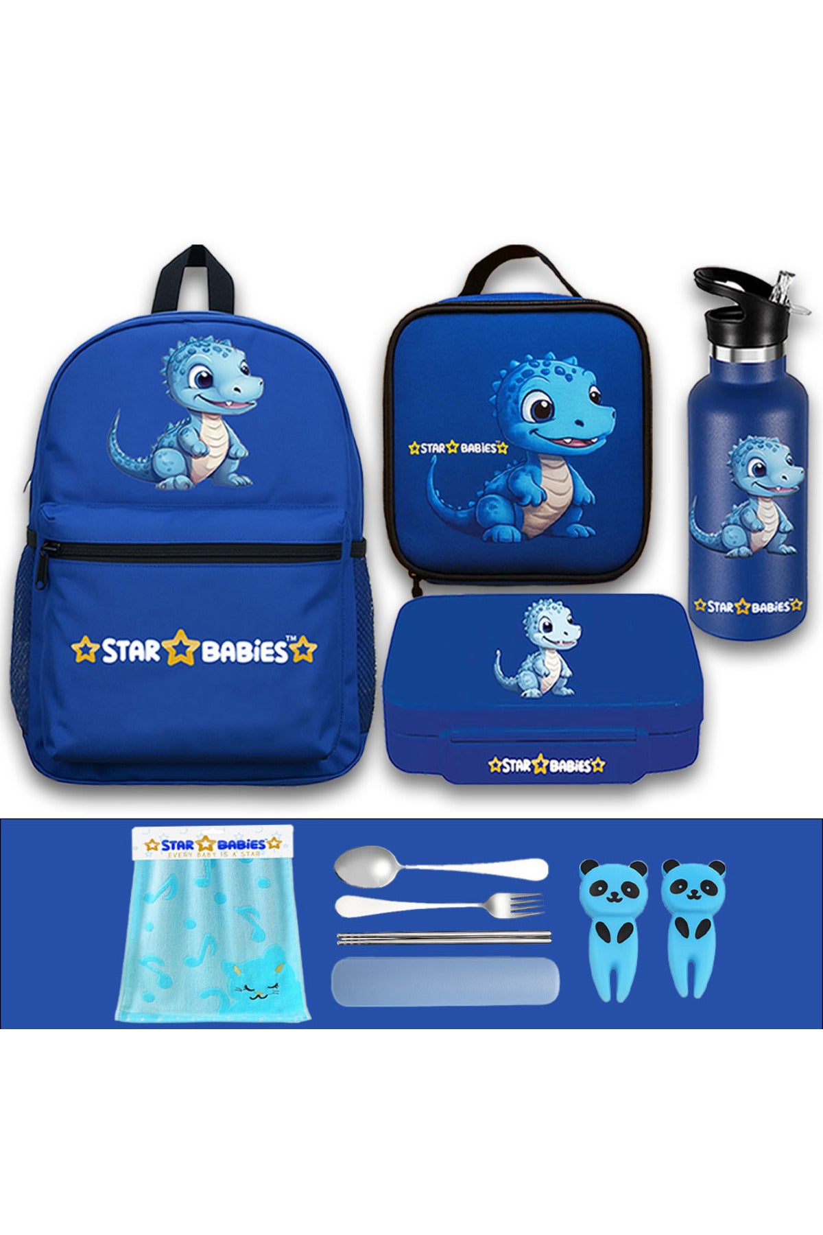 Star Babies Set of 4 – Blue Dino Theme 16" School Bag, 4-Compartment Lunch Box, Insulated Lunch Bag, 500ml Water Bottle