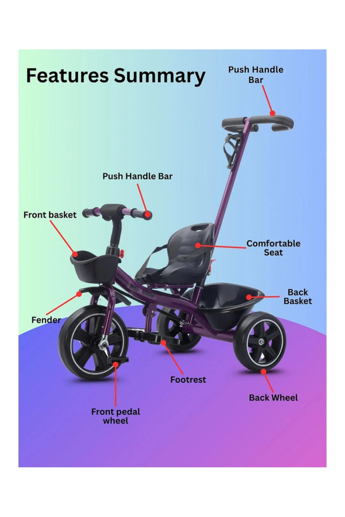 StarMarz Kids Tricycle with Push Handle | Toddler Ride-On Bike with Safety Seat, Backrest & Storage Basket | Baby Trike for Boys & Girls (1–4 Years) - Purple