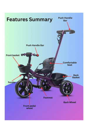 StarMarz Kids Tricycle with Push Handle | Toddler Ride-On Bike with Safety Seat, Backrest & Storage Basket | Baby Trike for Boys & Girls (1–4 Years) - Purple