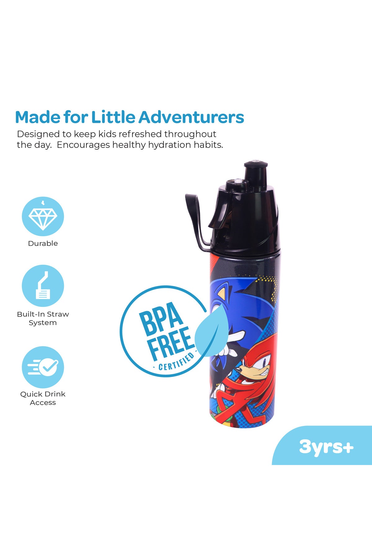 MOON Licensed Sonic Kids Water Bottle with Spray Mist | Cooling Spray | BPA-Free  Stainless Steel | Leak-Proof for School, Camping, Hiking, Outdoor Play | Boys Water Bottle |500ml